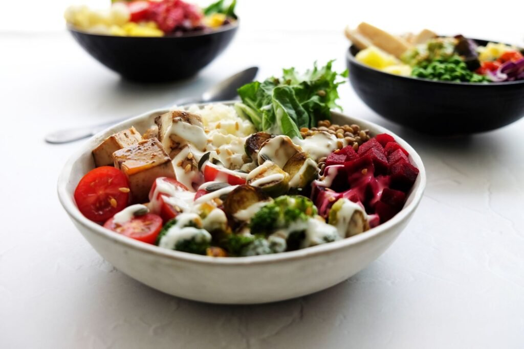 Healthy salad bowls with fresh vegetables for blood sugar support